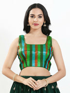 Joban Fashion Green Multi Brocade Padded Blouse With Square Neck Sleeveless | Grocsy