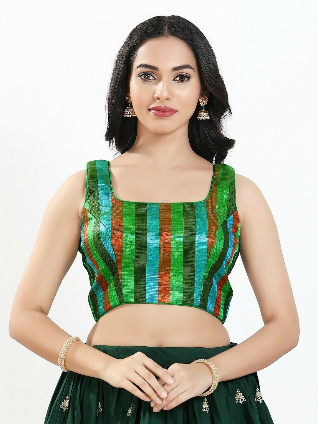 Joban Fashion Green Multi Brocade Padded Blouse With Square Neck Sleeveless | Grocsy