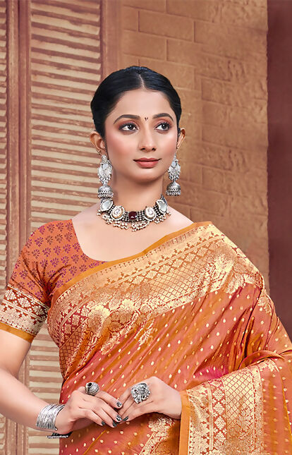 Sangam Prints Orange Silk Woven Work Traditional Saree | Grocsy