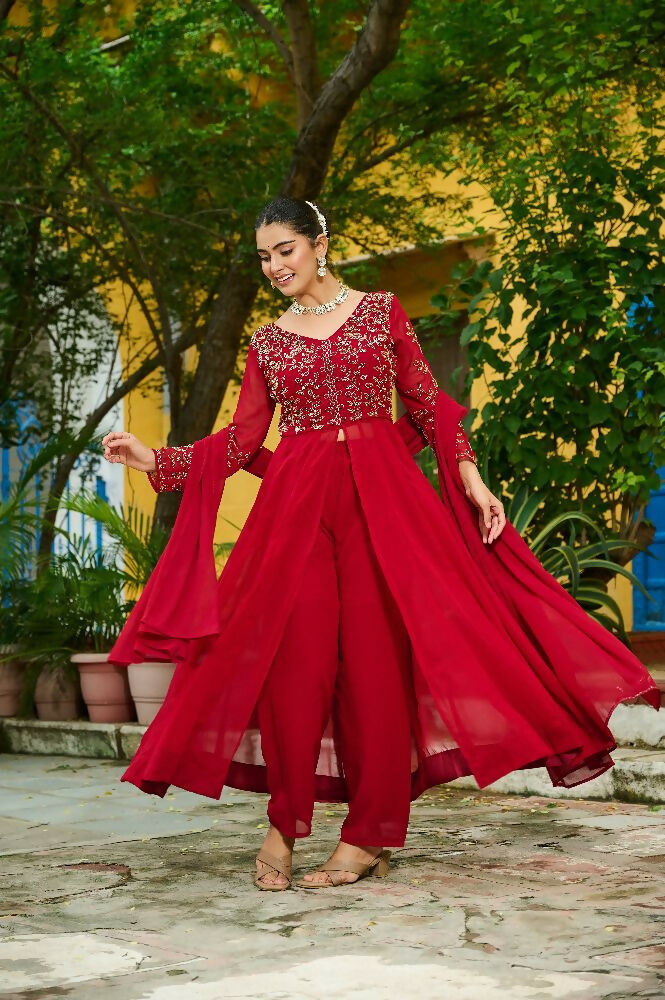 Joban Fashion Maroon Readymade Kurta Set With Sequence embroidery Work | Grocsy