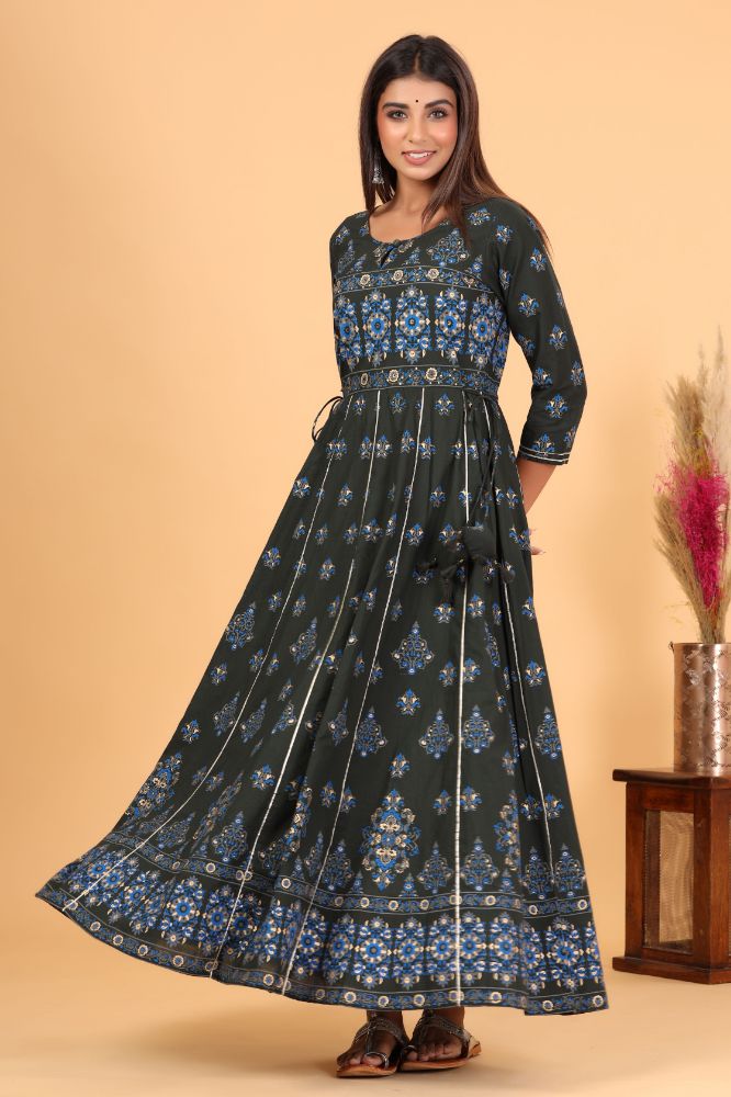 Kaajh Women's Green Gold Print Embellishment Anarkali Kurta | Grocsy