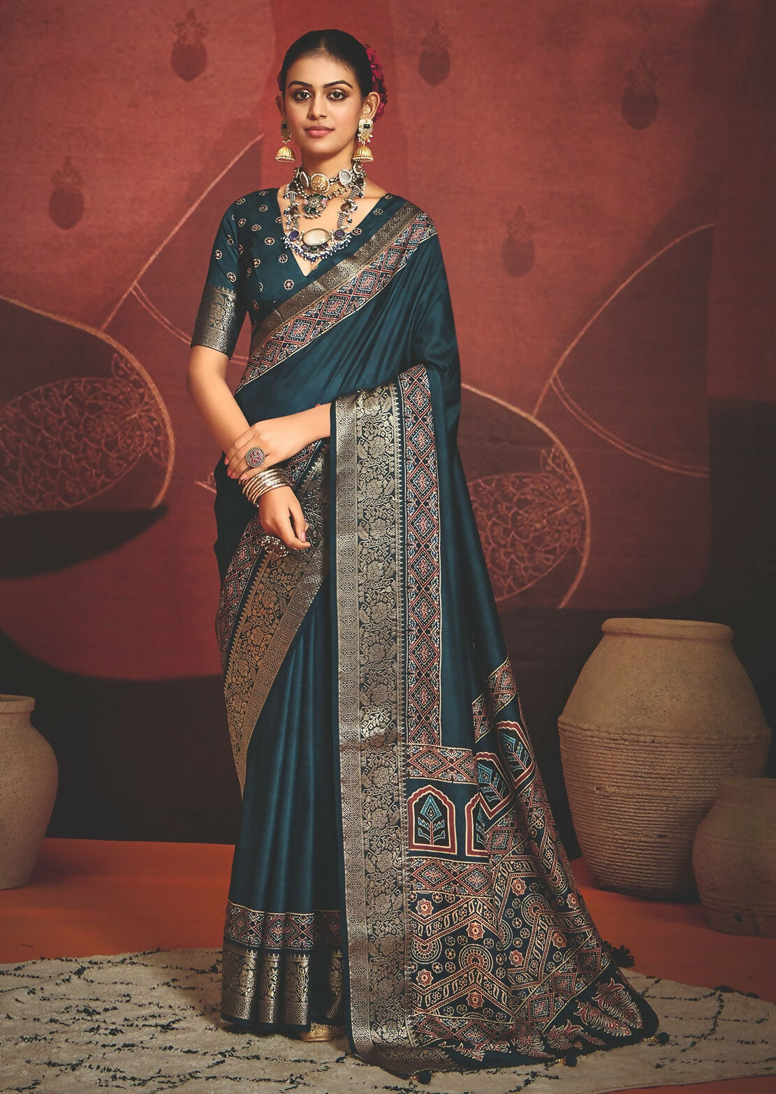 Joban Fashion Teal Blue Art Silk With Fine Viscose Border Ajrak Full Body Print With Soft Finish Saree | Grocsy