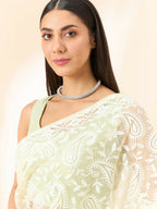 Yellow Organza Paisely Embroidered Saree with Unstitched Blouse Piece - Roozal | Grocsy