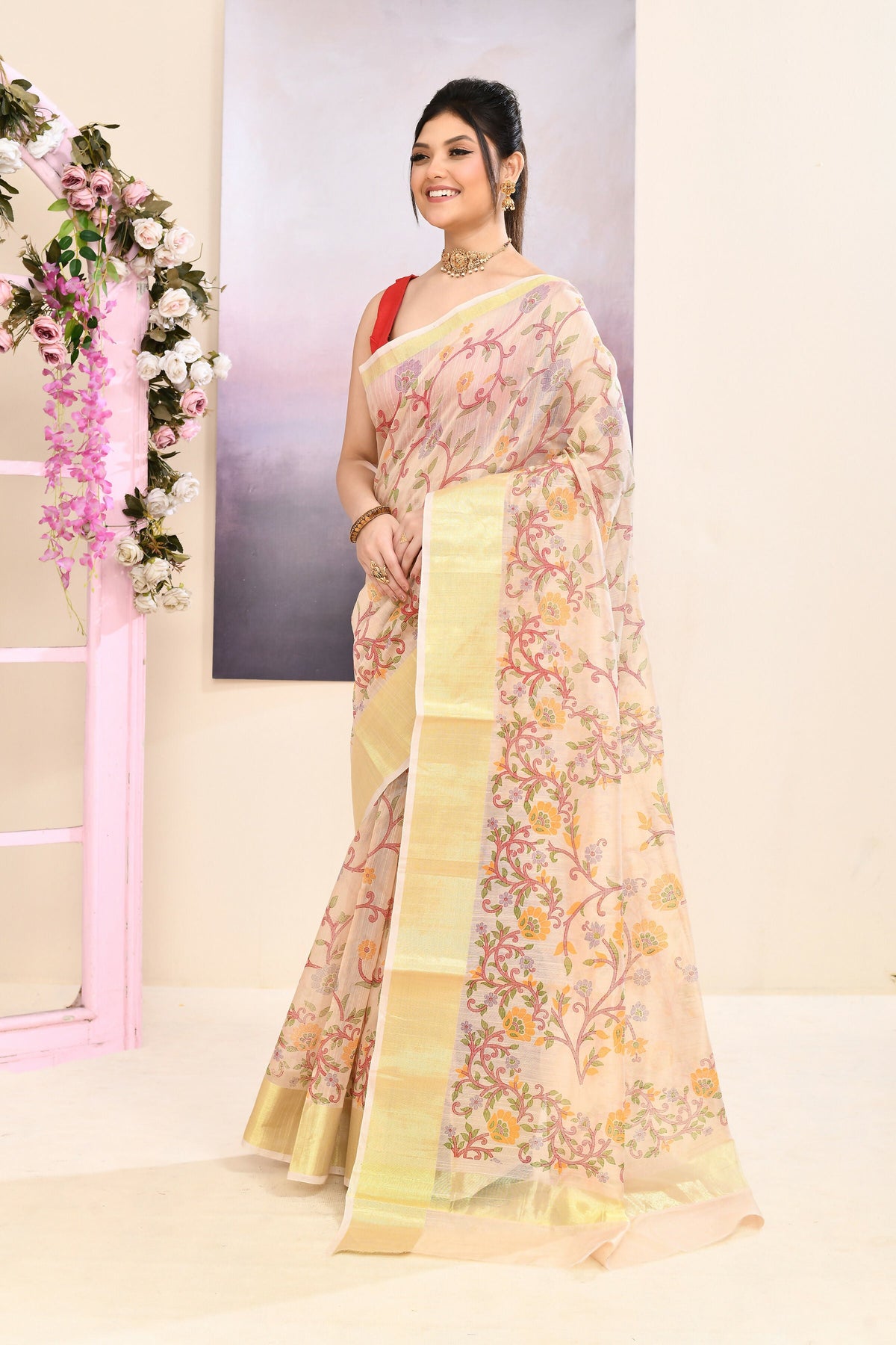 Piyari Fashion Women's Beige Embellished Cotton Blend Printed Saree | Grocsy