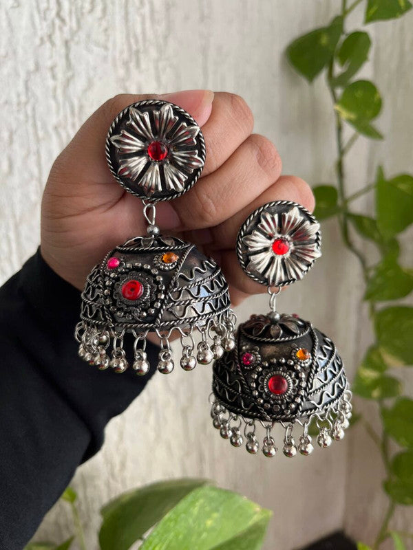 Tehzeeb Creations Women's Oxidised Bareilly Wali Jhumki With Multi Kundan | Grocsy
