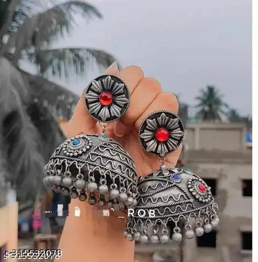 Tehzeeb Creations Women's Oxidised Bareilly Wali Jhumki With Multi Kundan | Grocsy