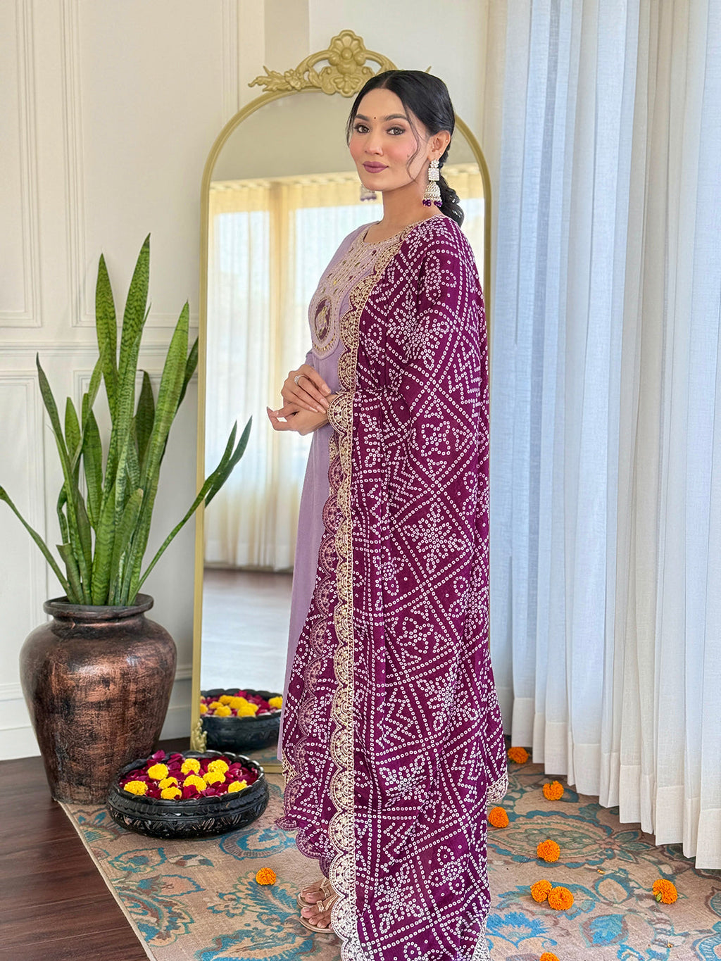 The52 Women's Lavender Embroidered Viscose Fabric Straight Kurta, Pant and Dupatta Set | Grocsy