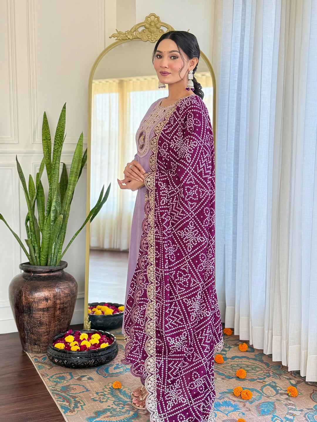 The52 Women's Lavender Embroidered Viscose Fabric Straight Kurta, Pant and Dupatta Set | Grocsy