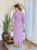 The52 Women's Lavender Embroidered Viscose Fabric Straight Kurta, Pant and Dupatta Set | Grocsy