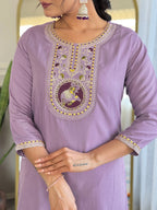 The52 Women's Lavender Embroidered Viscose Fabric Straight Kurta, Pant and Dupatta Set | Grocsy