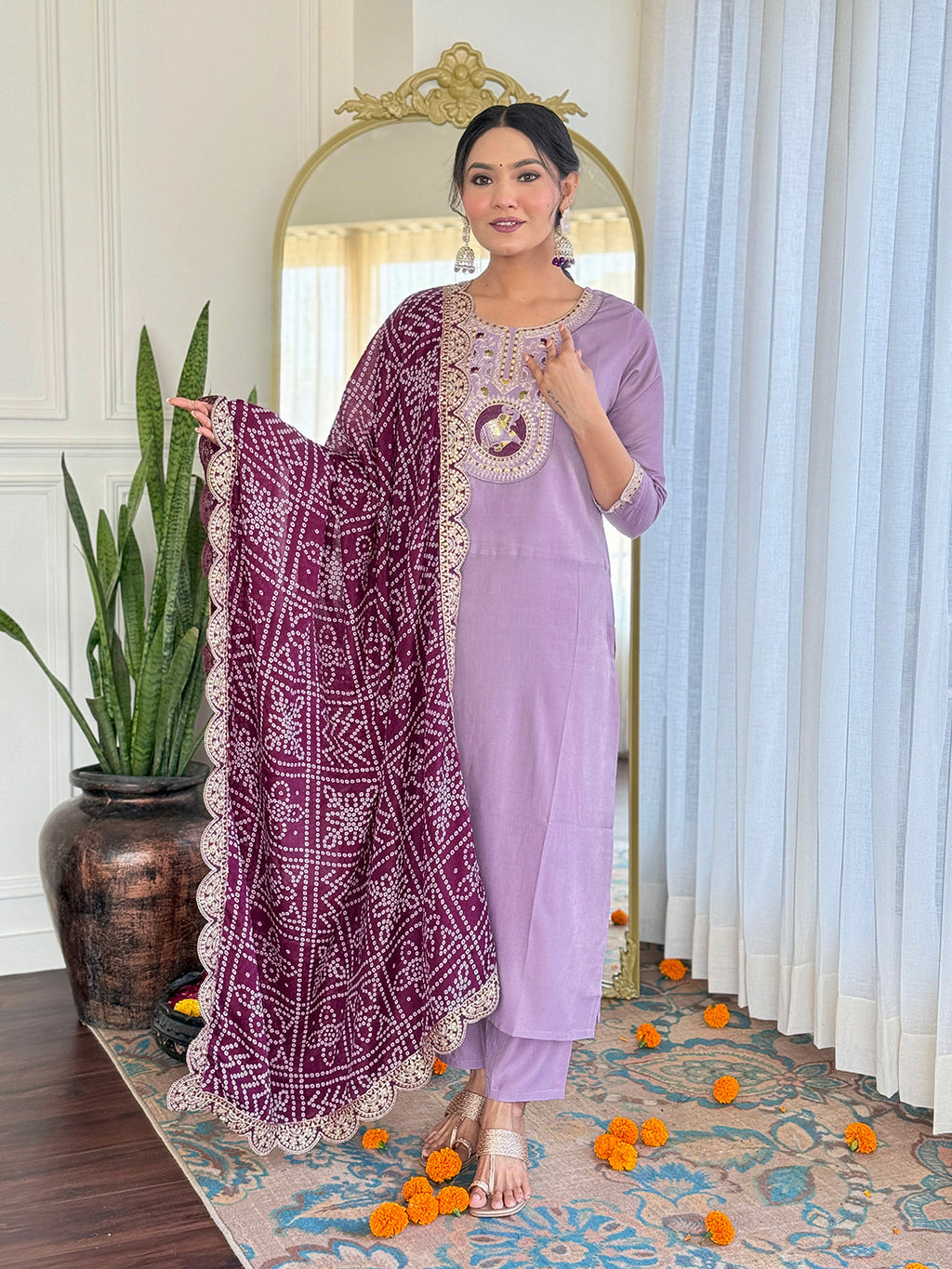 The52 Women's Lavender Embroidered Viscose Fabric Straight Kurta, Pant and Dupatta Set | Grocsy