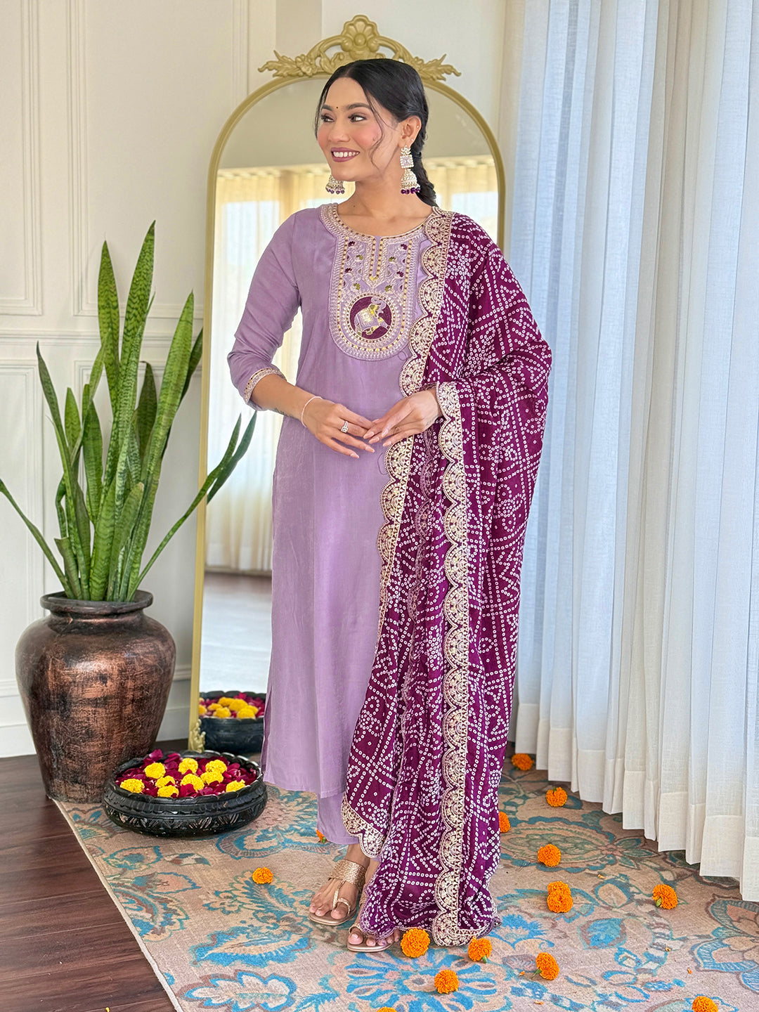 The52 Women's Lavender Embroidered Viscose Fabric Straight Kurta, Pant and Dupatta Set | Grocsy