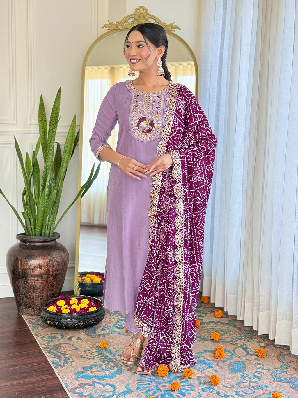 The52 Women's Lavender Embroidered Viscose Fabric Straight Kurta, Pant and Dupatta Set | Grocsy