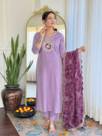 The52 Women's Lavender Embroidered Viscose Fabric Straight Kurta, Pant and Dupatta Set | Grocsy