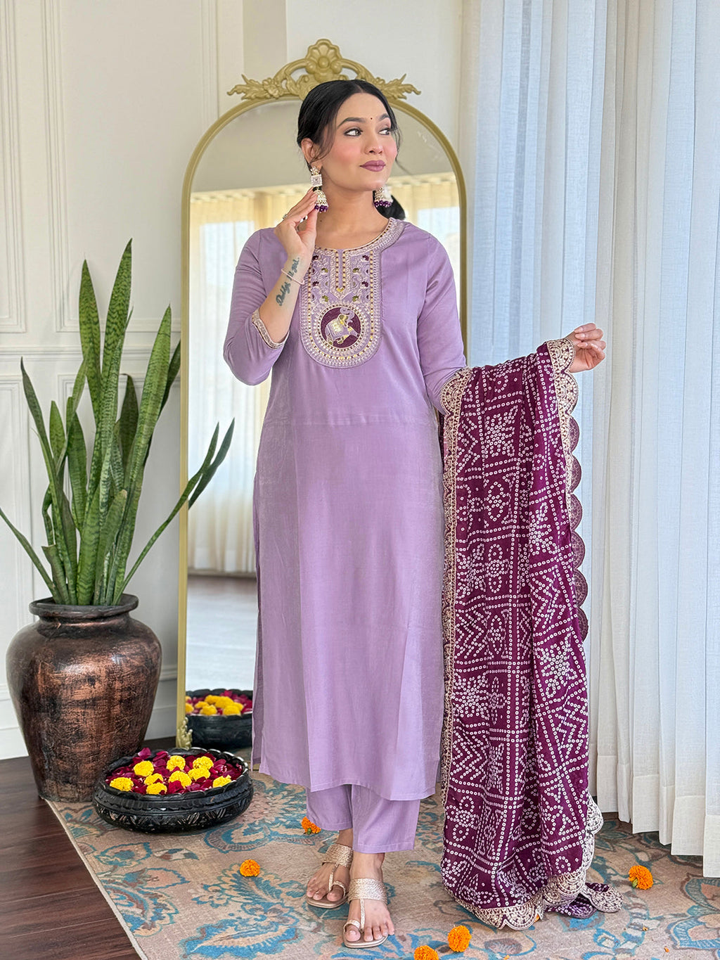 The52 Women's Lavender Embroidered Viscose Fabric Straight Kurta, Pant and Dupatta Set | Grocsy