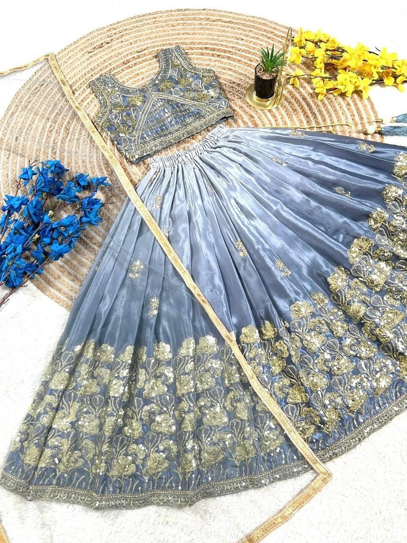 Evanik Grey Designer Sequence Embroidered Work Wedding Kids Lehenga Choli | Grocsy