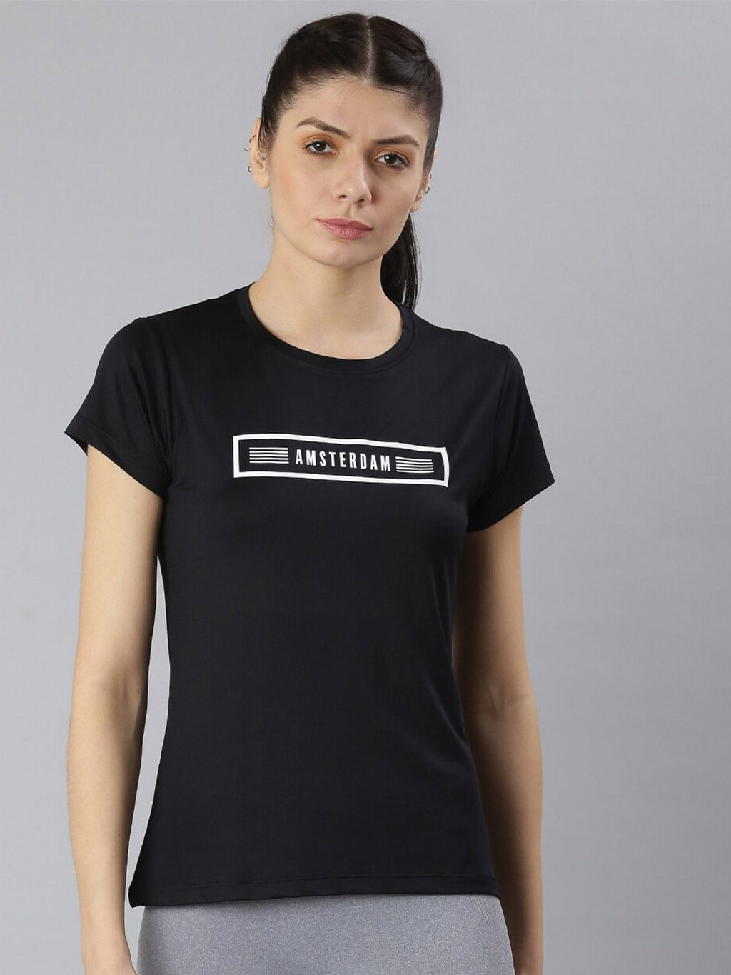 MKH Women Black Typography Printed Round Neck Dri-FIT T-shirt | Grocsy