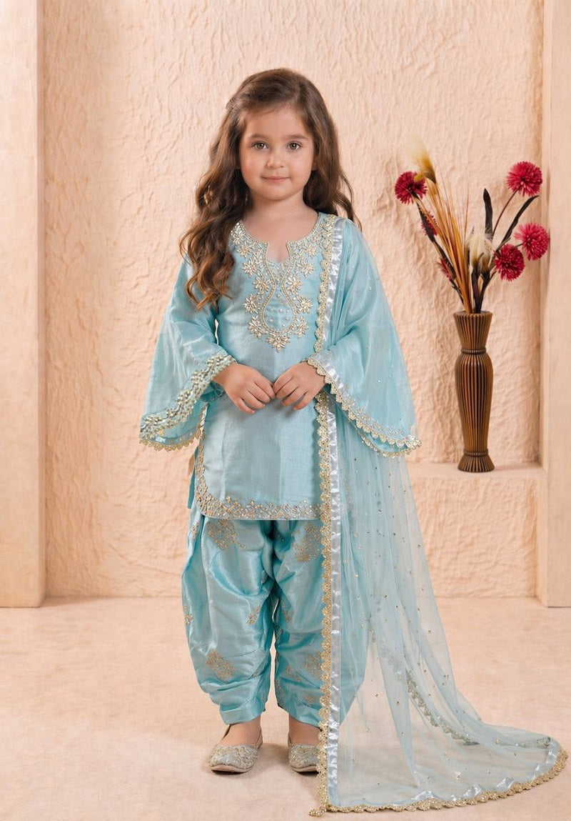 Evanik Blue Designer Party Wear Heavy Silk Kids Top Farshi Palazzo & Dupatta Set | Grocsy