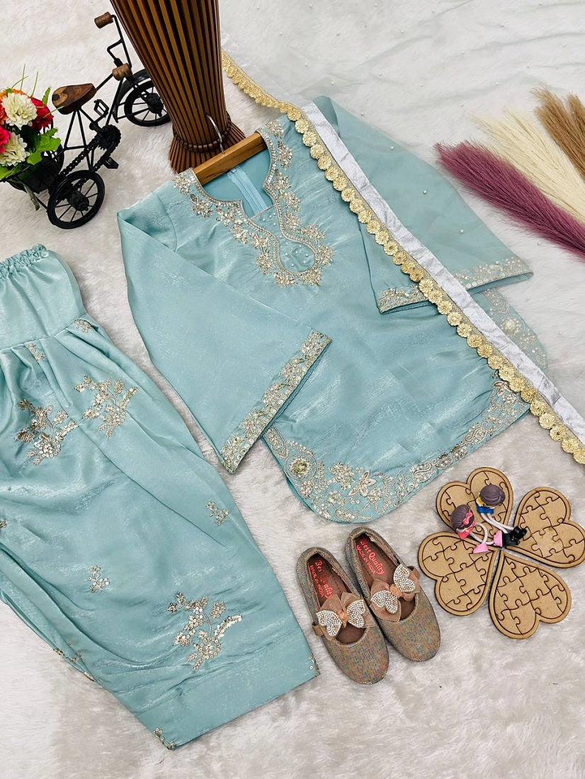 Evanik Blue Designer Party Wear Heavy Silk Kids Top Farshi Palazzo & Dupatta Set | Grocsy