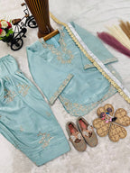 Evanik Blue Designer Party Wear Heavy Silk Kids Top Farshi Palazzo & Dupatta Set | Grocsy