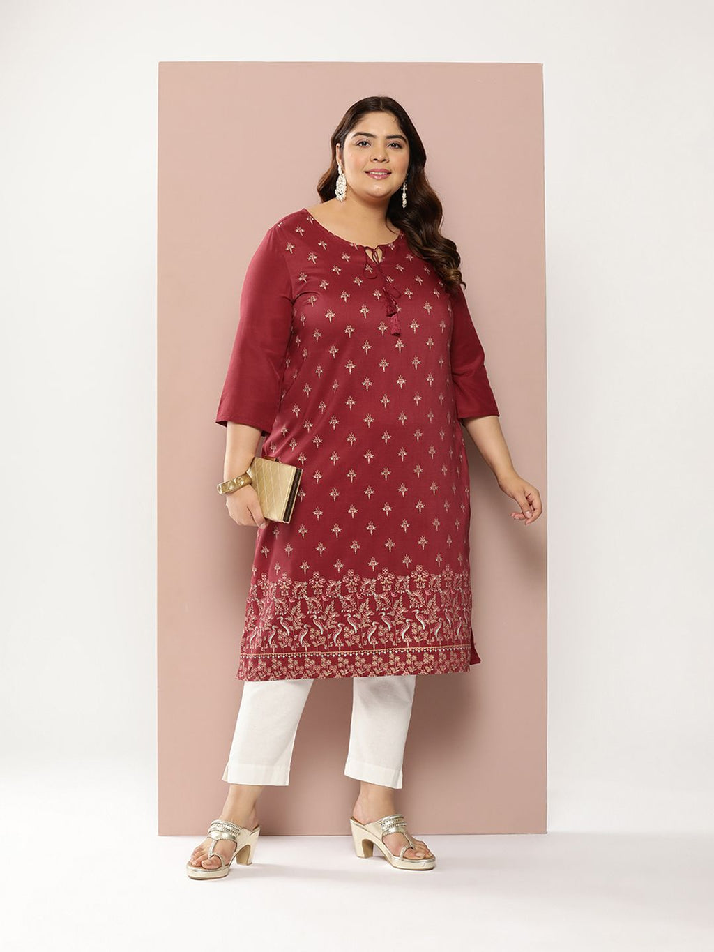Sztori Plus Size Foil Print Tie-Up Neck Kurta | Grocsy