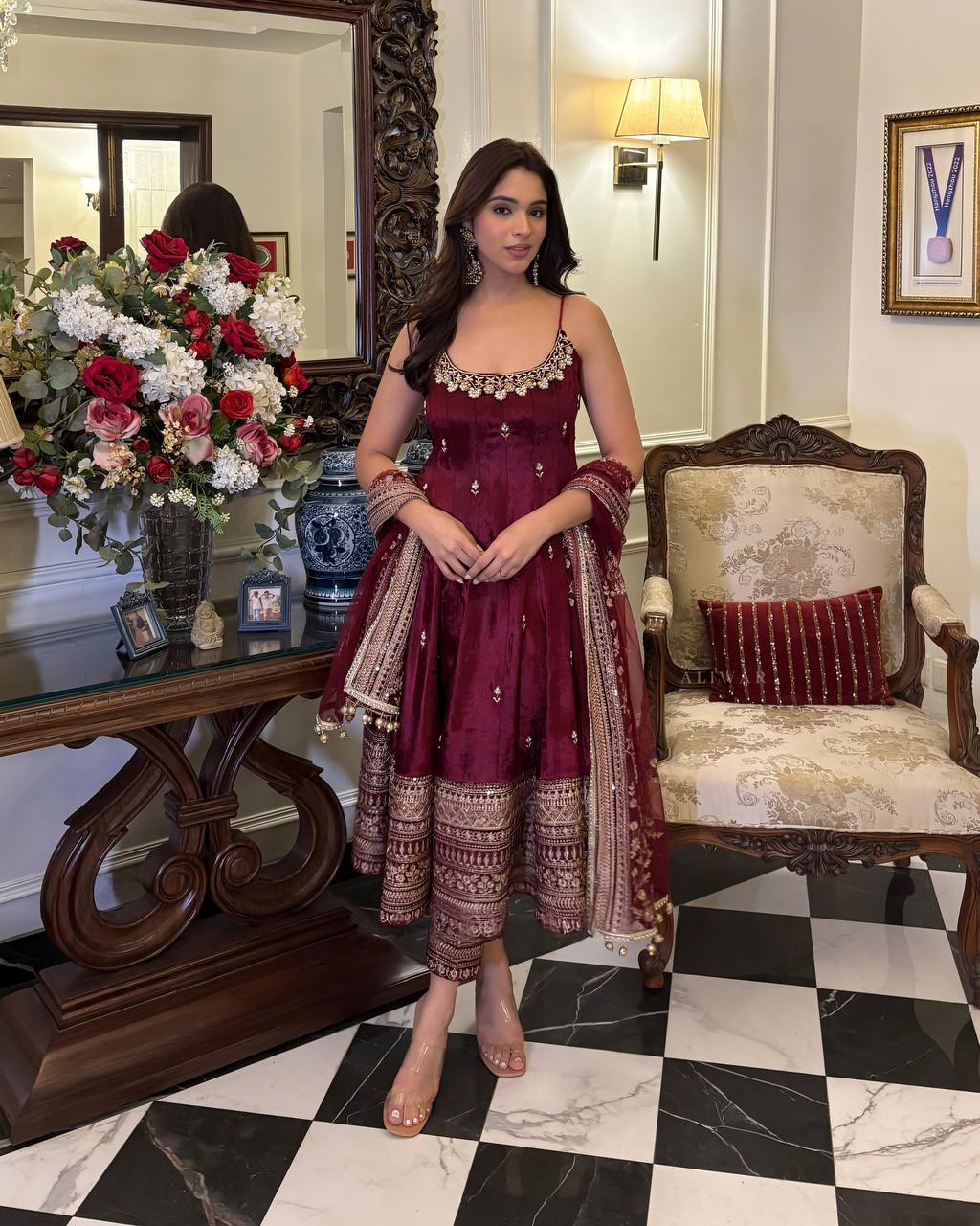 Yash Enterprise Maroon Vichitra Silk Embroidery Party Wear Uit Set | Grocsy