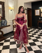 Yash Enterprise Maroon Vichitra Silk Embroidery Party Wear Uit Set | Grocsy