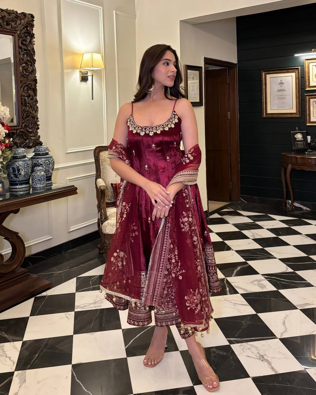 Yash Enterprise Maroon Vichitra Silk Embroidery Party Wear Uit Set | Grocsy