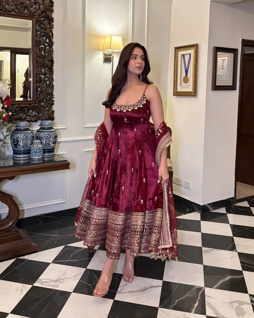 Yash Enterprise Maroon Vichitra Silk Embroidery Party Wear Uit Set | Grocsy