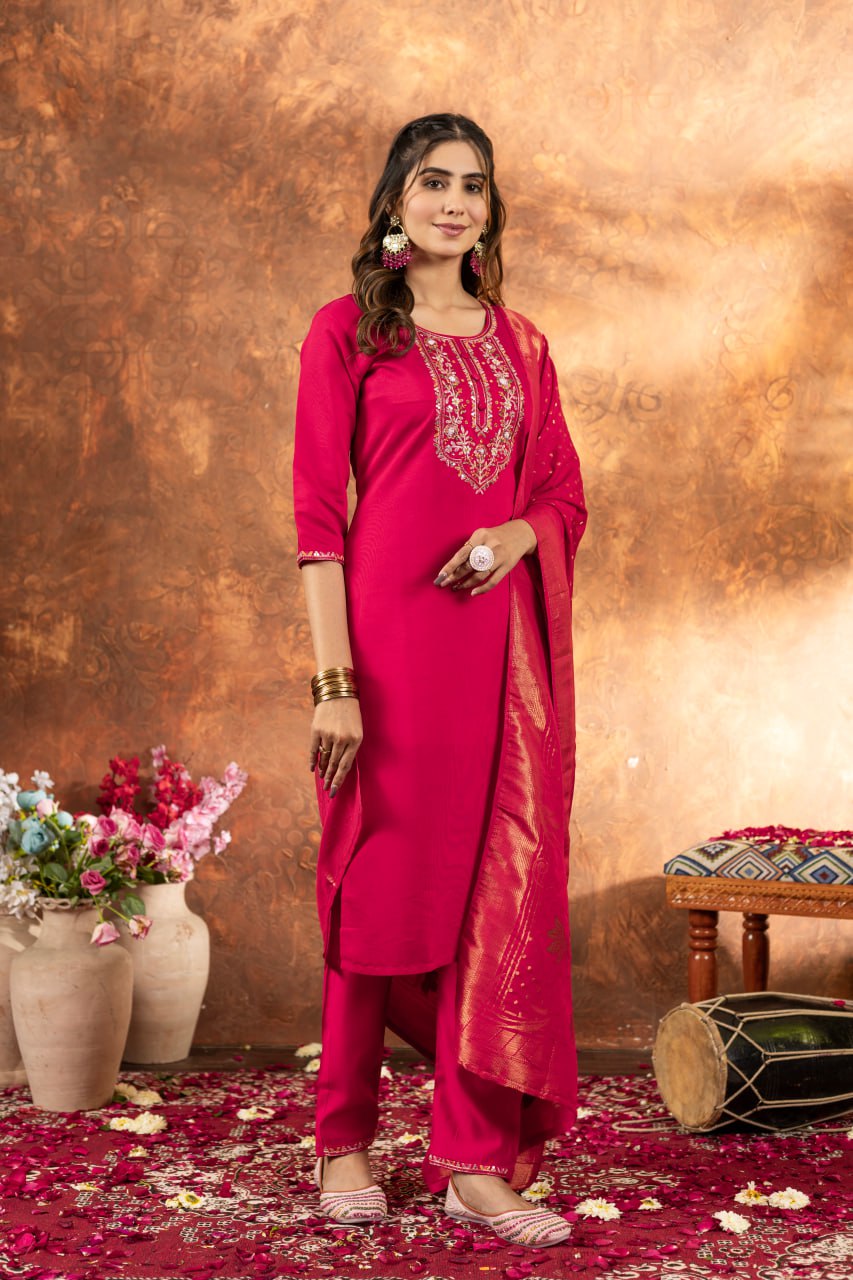 Pramukh Fab Pink Color Marina Silk Kurta Set | Grocsy