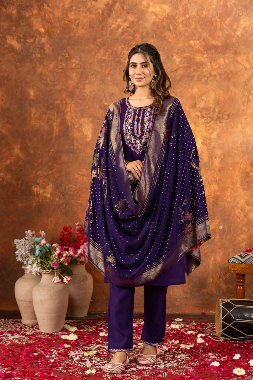 Pramukh Fab Purple Color Marina Silk Kurta Set | Grocsy