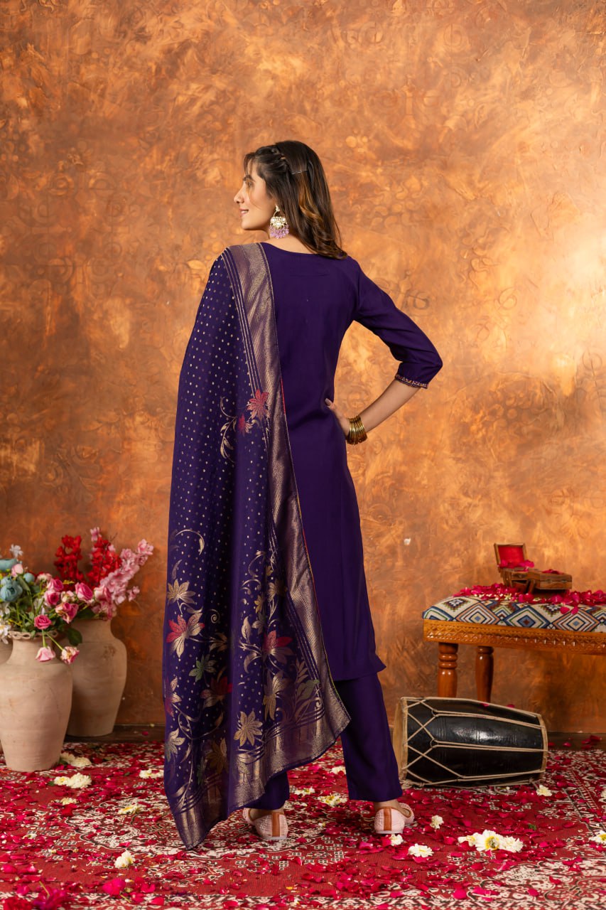 Pramukh Fab Purple Color Marina Silk Kurta Set | Grocsy