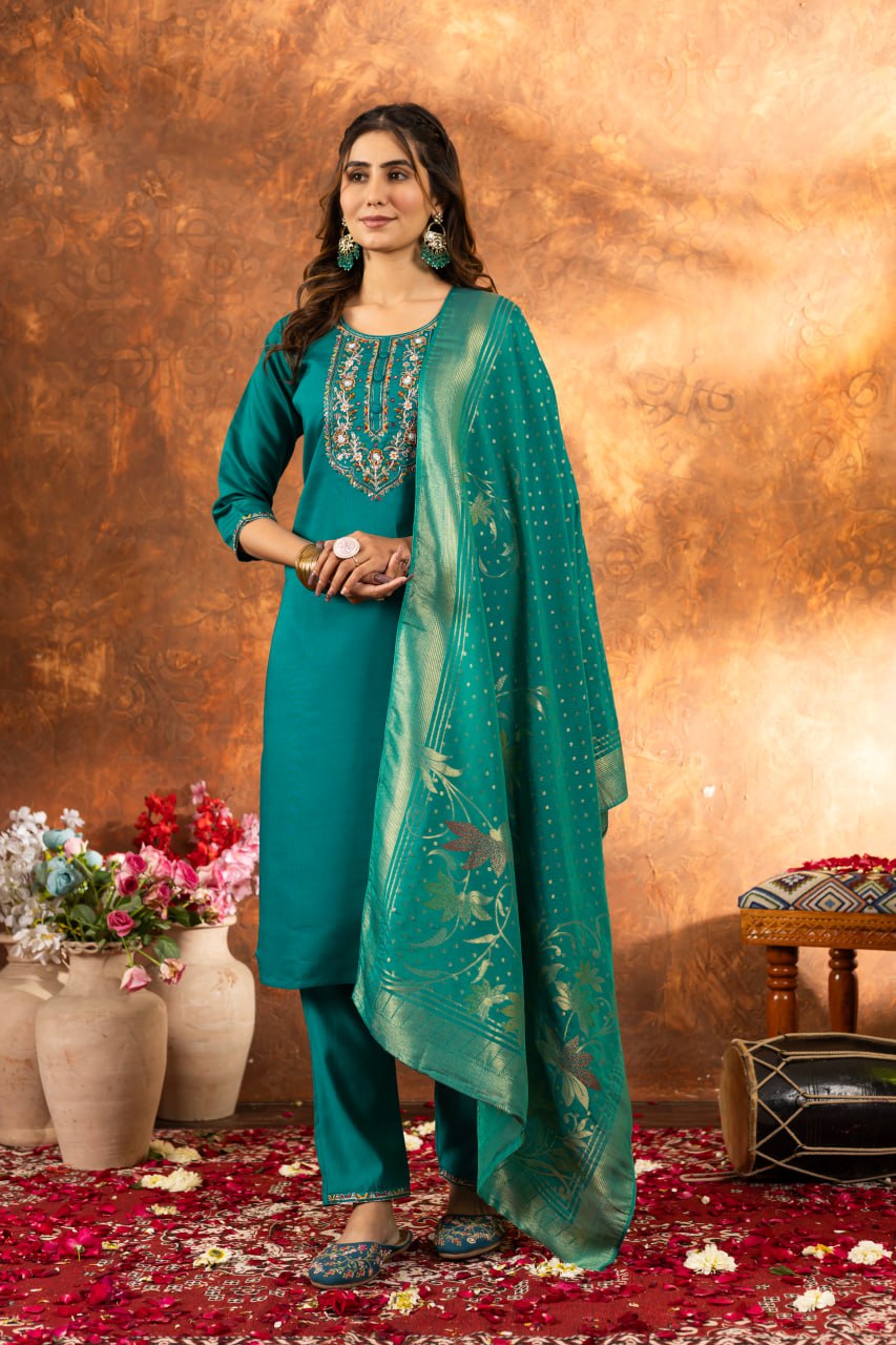 Pramukh Fab Sea Green Color Marina Silk Kurta Set | Grocsy
