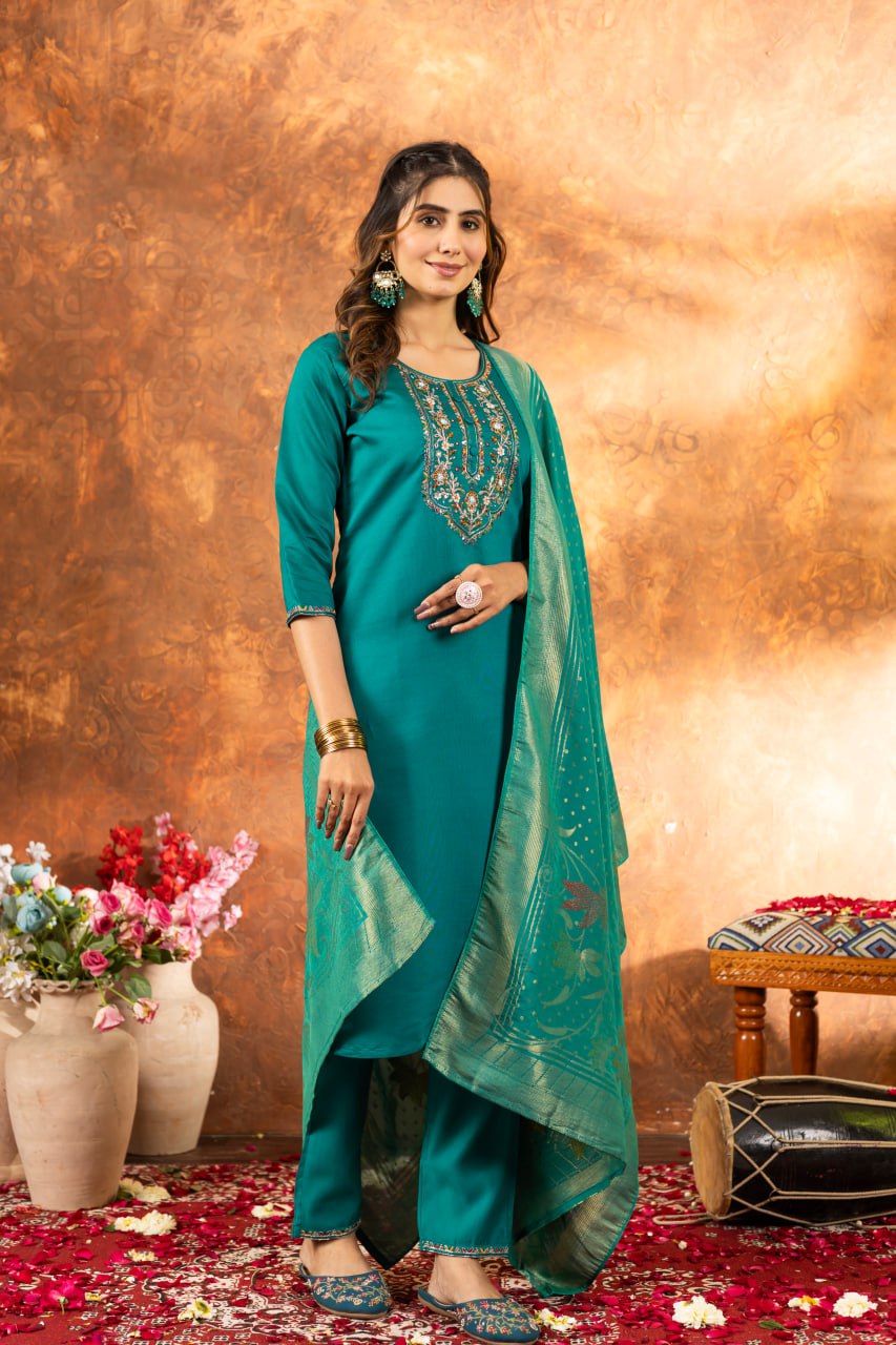 Pramukh Fab Sea Green Color Marina Silk Kurta Set | Grocsy