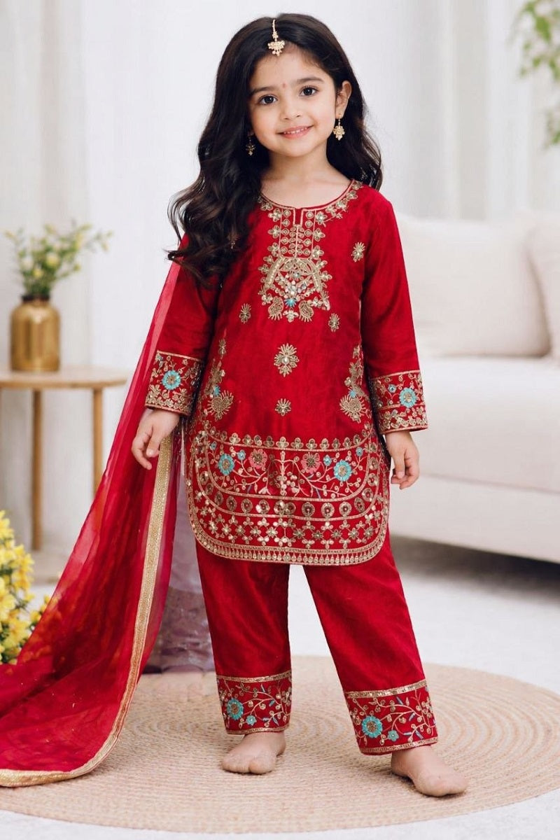Evanik Red Embroidered Fendy Silk Kurta With Pant & Dupatta Set for Kids | Grocsy