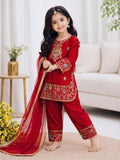 Evanik Red Embroidered Fendy Silk Kurta With Pant & Dupatta Set for Kids | Grocsy