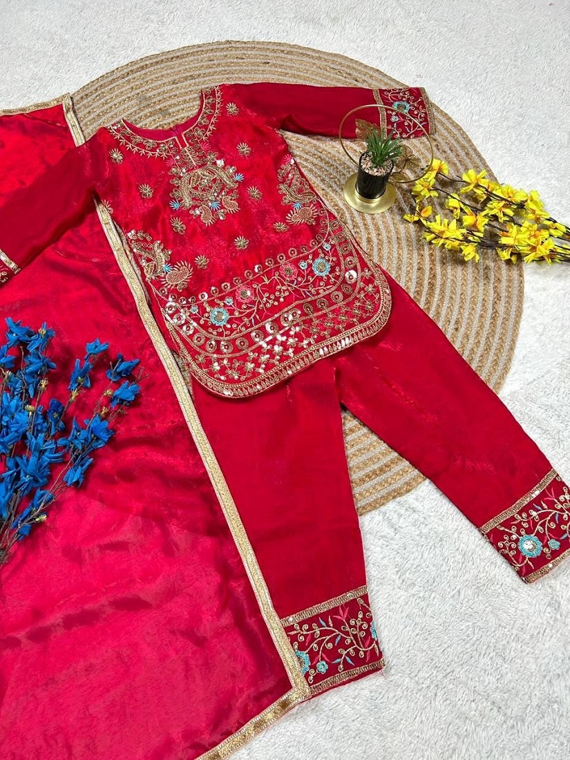 Evanik Red Embroidered Fendy Silk Kurta With Pant & Dupatta Set for Kids | Grocsy