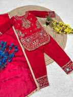 Evanik Red Embroidered Fendy Silk Kurta With Pant & Dupatta Set for Kids | Grocsy