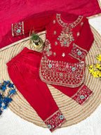 Evanik Red Embroidered Fendy Silk Kurta With Pant & Dupatta Set for Kids | Grocsy