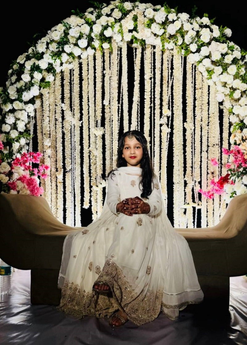 Evanik White Designer Pure Vichitra Embroidered Work Wedding Wear Kids Gown | Grocsy
