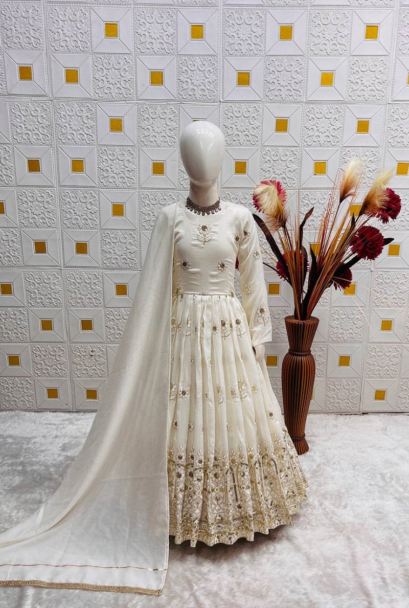 Evanik White Designer Pure Vichitra Embroidered Work Wedding Wear Kids Gown | Grocsy