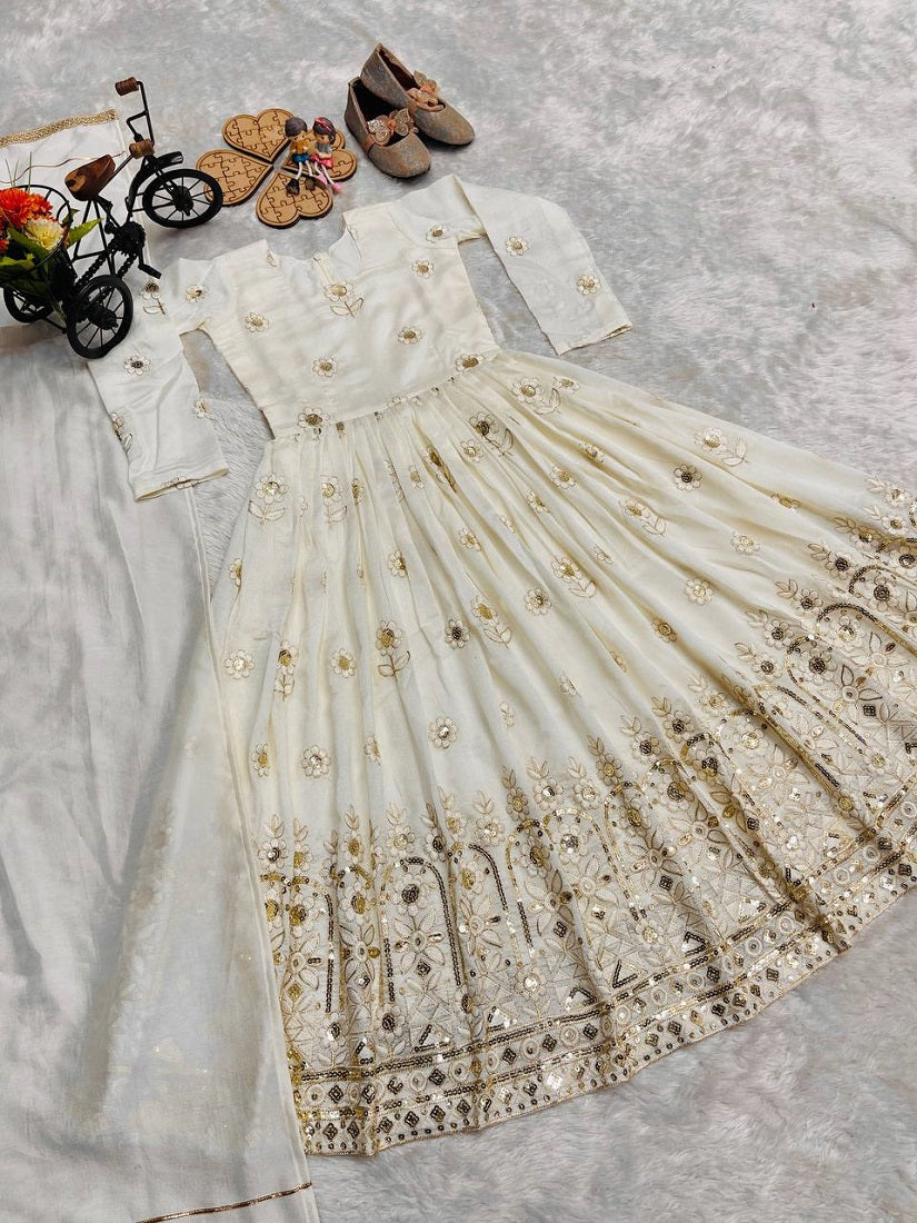 Evanik White Designer Pure Vichitra Embroidered Work Wedding Wear Kids Gown | Grocsy