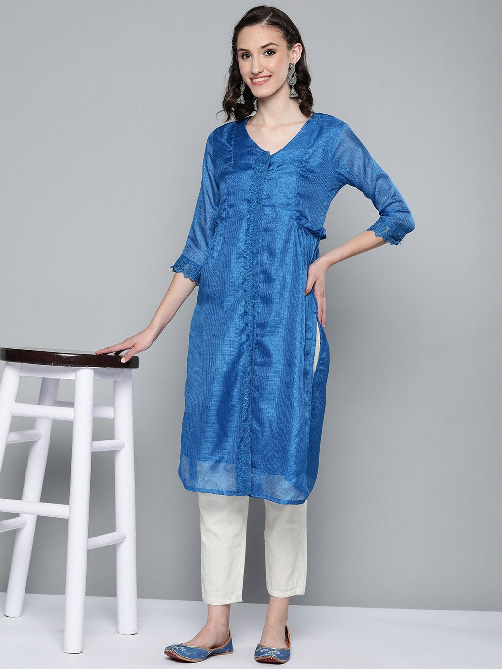HERE&NOW Women Blue Self-Design Kurta | Grocsy