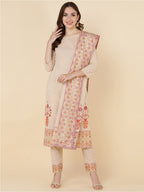 HERE&NOW Women Beige Ethnic Motifs Printed Pure Cotton Kurta with Trousers & Dupatta | Grocsy