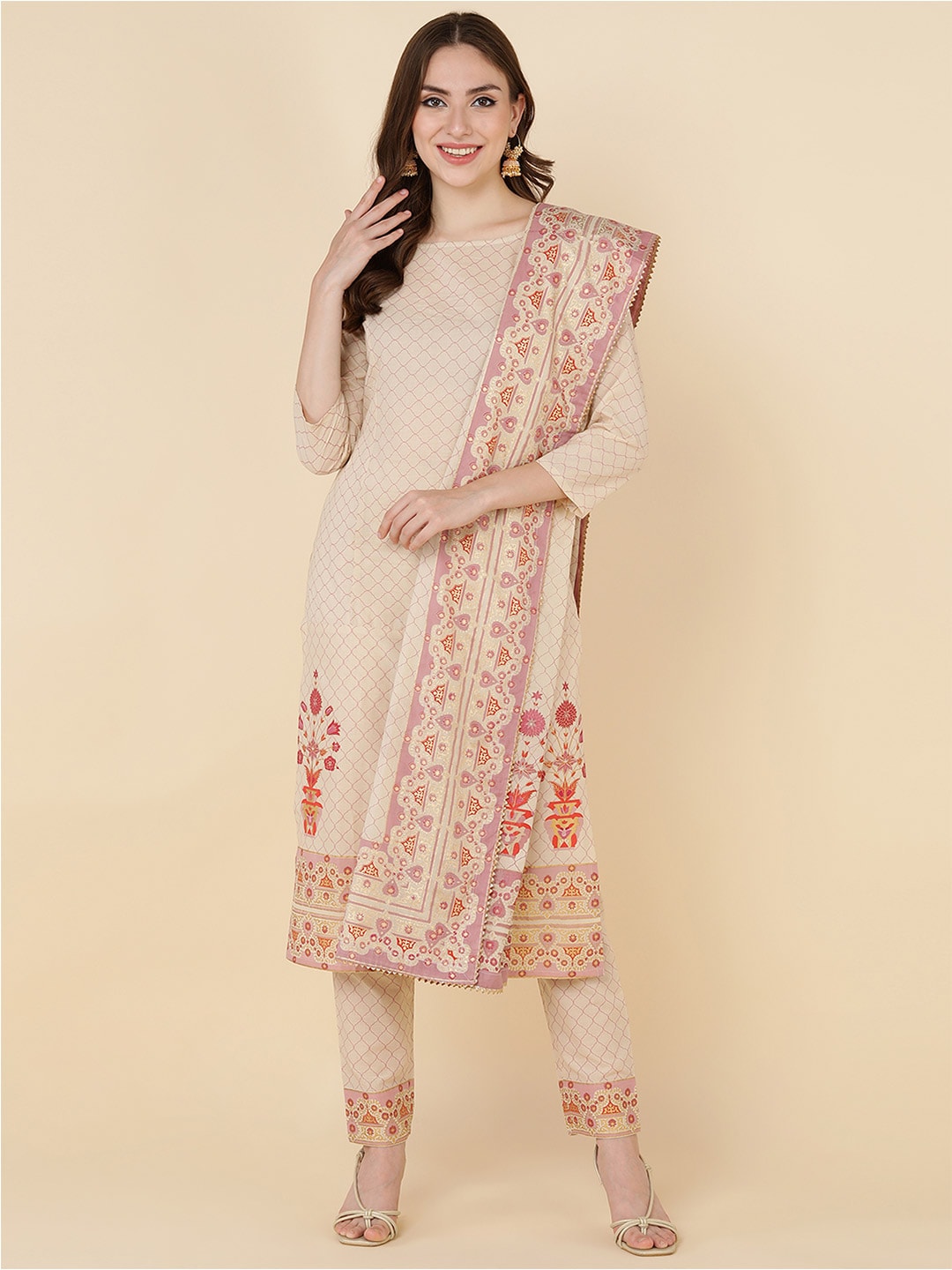 HERE&NOW Women Beige Ethnic Motifs Printed Pure Cotton Kurta with Trousers & Dupatta | Grocsy