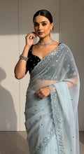 Evanik Skyblue Faux Georgette With Beads & Thread Work Saree With Unstitched Blouse | Grocsy