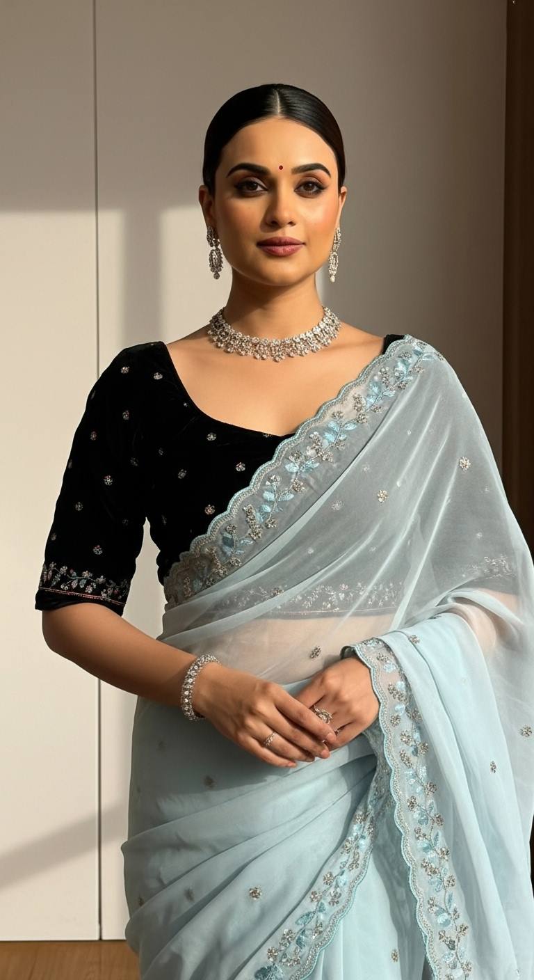 Evanik Skyblue Faux Georgette With Beads & Thread Work Saree With Unstitched Blouse | Grocsy