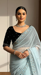 Evanik Skyblue Faux Georgette With Beads & Thread Work Saree With Unstitched Blouse | Grocsy
