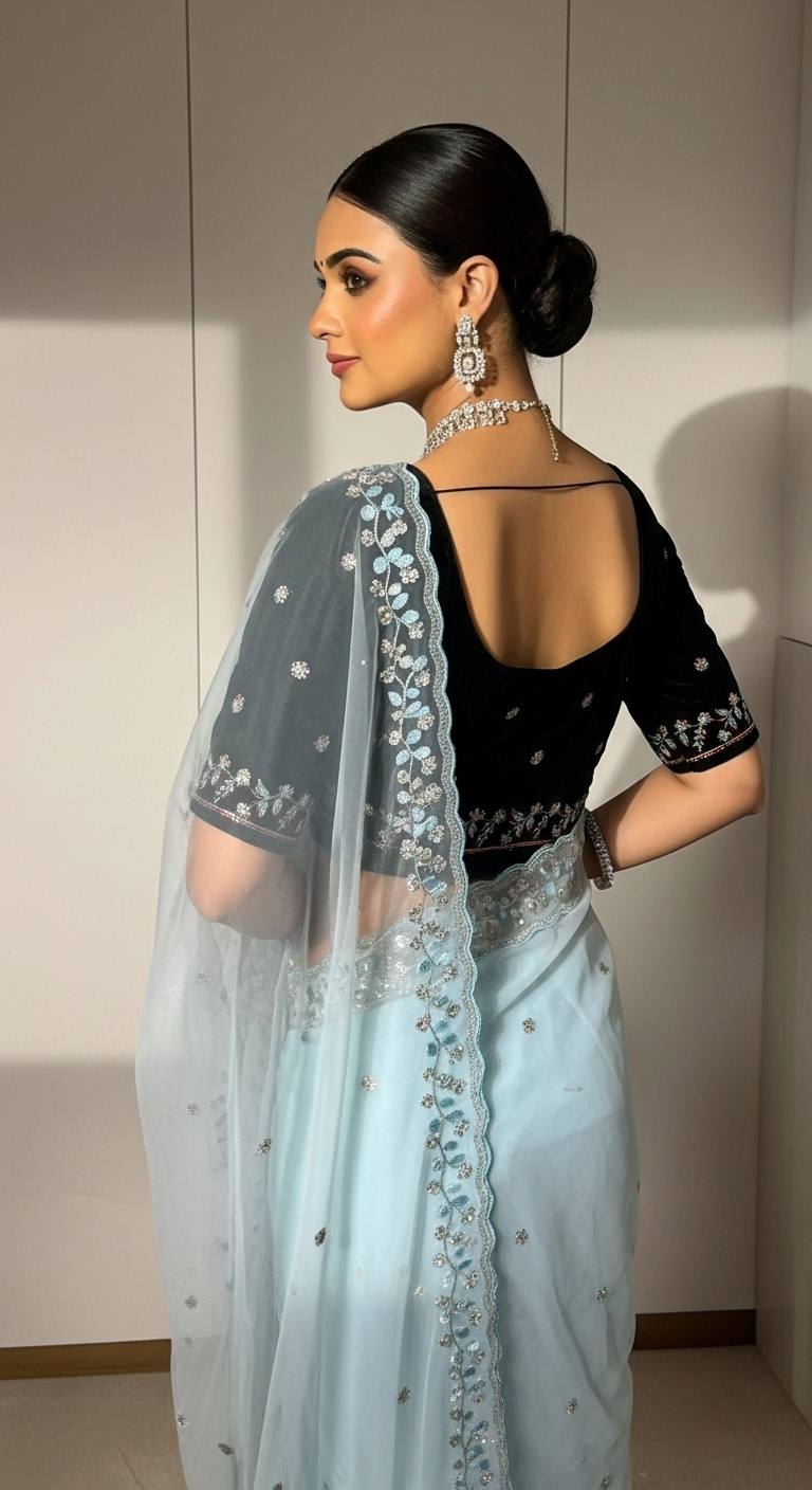 Evanik Skyblue Faux Georgette With Beads & Thread Work Saree With Unstitched Blouse | Grocsy