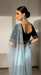 Evanik Skyblue Faux Georgette With Beads & Thread Work Saree With Unstitched Blouse | Grocsy